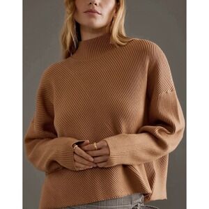 Maeve Anthropologie Ribbed‎ Mock Neck Boxy Sweater In Honey - Size Large